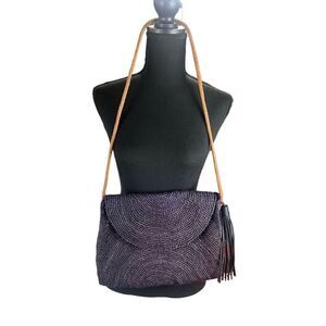 Mar Y Sol Leah Shoulder Bag Purse Raffia purple Tassel Braided Strap beach